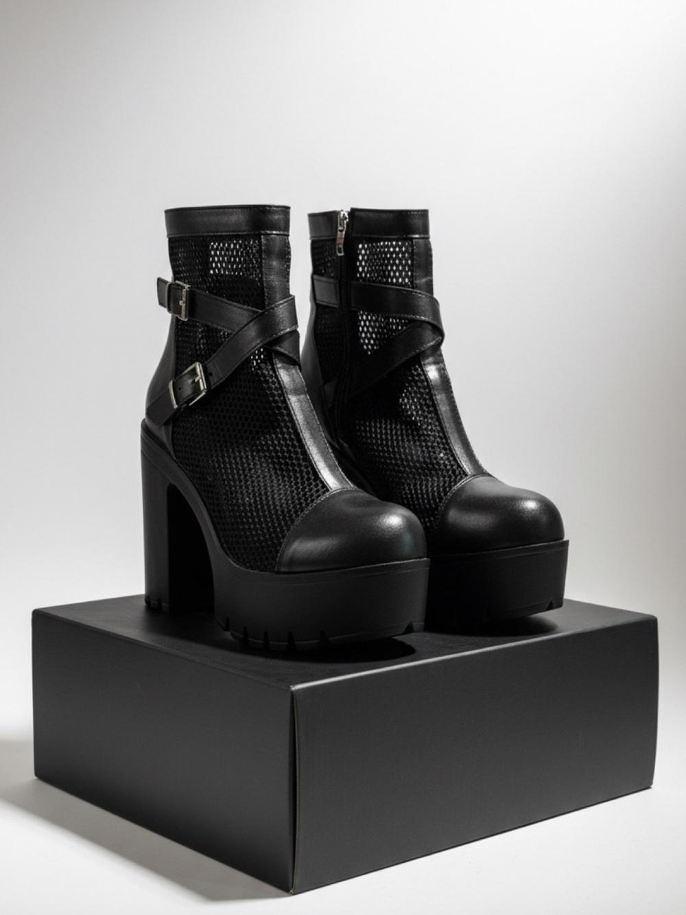 Black Mesh Platform Ankle Boots with Buckle Straps